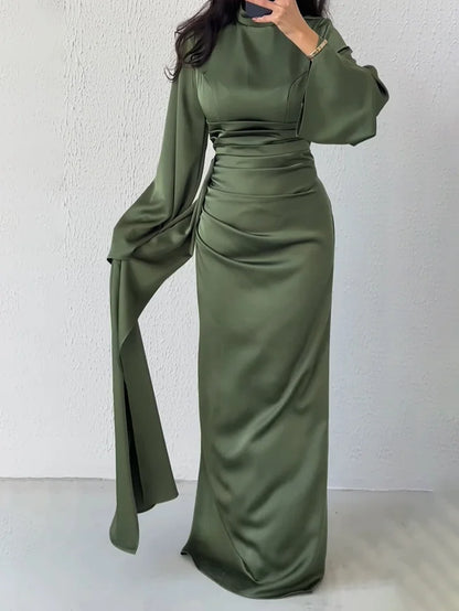 December Wedding Guest Dress Pleated High Collar Long Sleeved Fashion Autumn Winter Party Dress