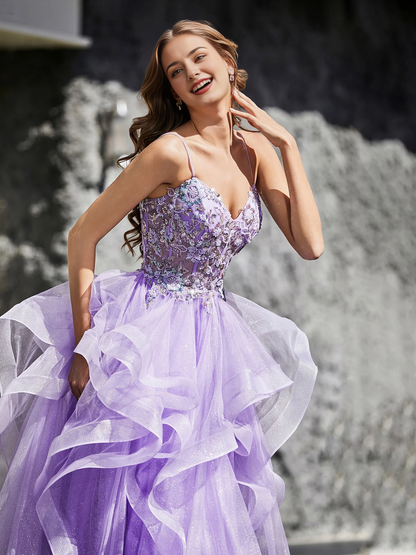 A Line Prom Dress Beaded Top Tulle Ball Gown Dress