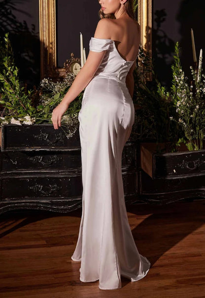 Wedding Dress November December Wedding Stunning Satin Corset Cowl Neckline Fitted Slit Backless Elegant Simple Dress