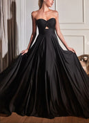 Evening Dress Satin A-Line Strapless Backless Wrinkle Elegant Black Formal Dress