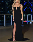 Evening Dress Adjustable Spaghetti Straps Front Leg Slit Simple Fashion Black Formal Dress