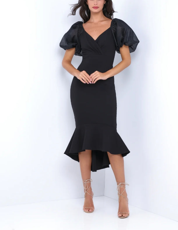 Evening Dress Mermaid V-Neckline Zip-up Back Charming Puff Sleeve Ruffled Hem Black Formal Dress