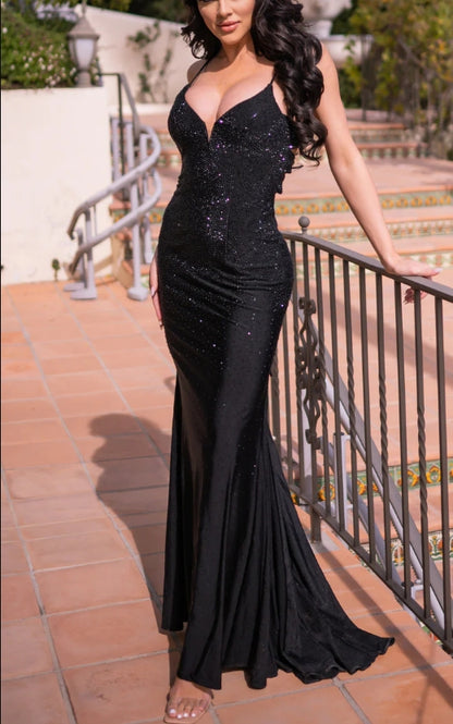 Evening Dress V-Neckline Fitted Satin Spaghetti Strap Gown Hot Set Rhinestones Open Back Black Formal Dress