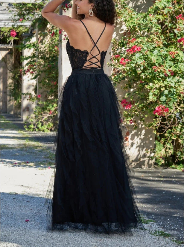 Evening Dress Bodice Sexy Sheer Lace Lace up Open Back Floor Length Gown Ruffle Tulle Skirt Black Formal Dress