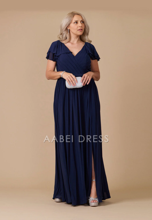 AABEI DRESS Formal Wear Dresse Elegant A Line V Neck Pleated Short Sleeve Side Fork Plus Size Long Mother Of The Bride Dress