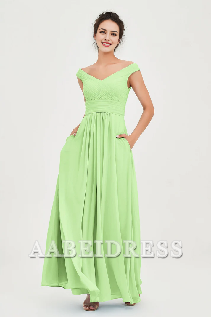 AABEI DRESS Bridesmaid Dresses Chiffon A-Line V-Neck Sleeveless Off-Shoulder Pleated Dresses Wedding Guests Dresses