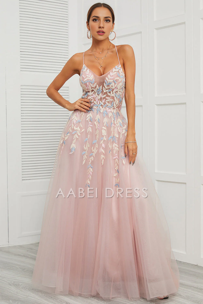 AABEI DRESS Hot Sale Prom Dress Exquisite A Line Spaghetti Straps Backless Tulle Fantastic Long Party Dress