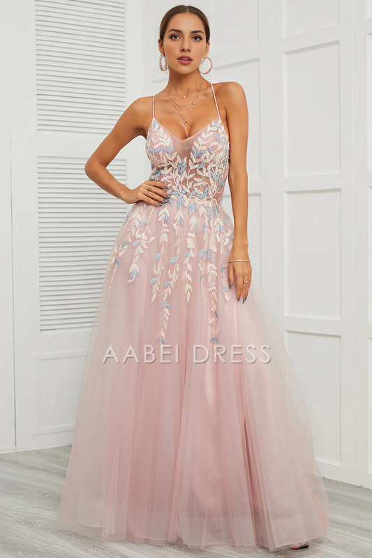AABEI DRESS Hot Sale Prom Dress Exquisite A Line Spaghetti Straps Backless Tulle Fantastic Long Party Dress
