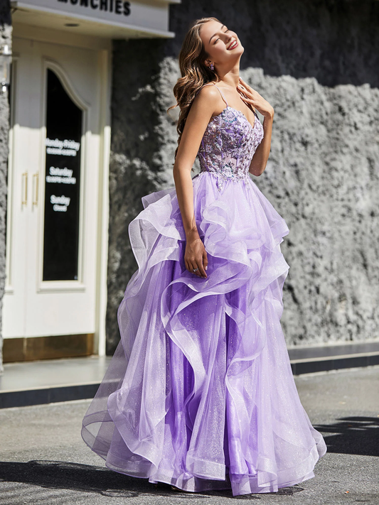 A Line Prom Dress Beaded Top Tulle Ball Gown Dress