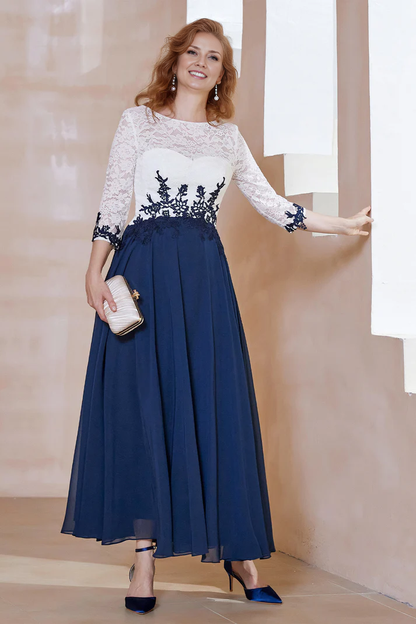 Wedding Guest Dress Round Neck Lace Chiffon Tea-Length Mother of the Bride Dress