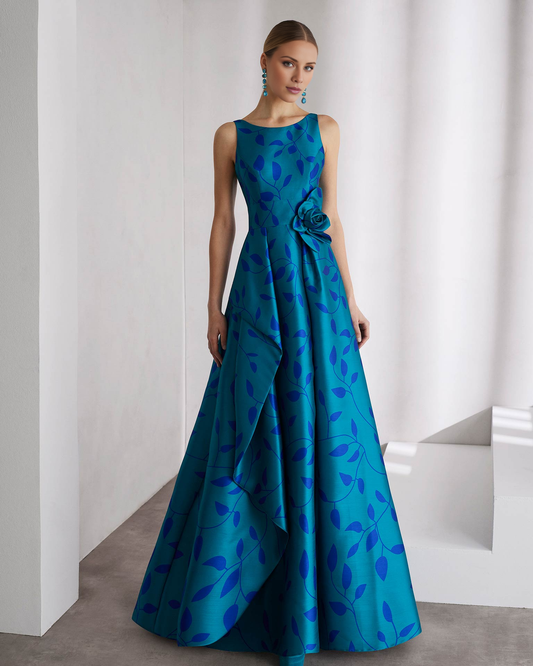 AABEI DRESS A Line Sleeveless Long Evening Dress Made in Satin Featuring Bateau Neckline Open Back Print Party Dress