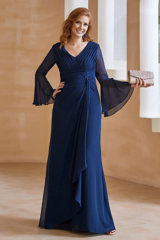 Wedding Guest Dresses V Neck Long Sleeves Chiffon Wrinkle Irregular Dress Mother of the Bride Dress