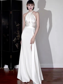 Wedding Dress Halter A Line White Satin Long Backless Elegant Formal Dresses