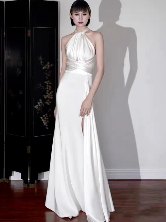 Wedding Dress Halter A Line White Satin Long Backless Elegant Formal Dresses