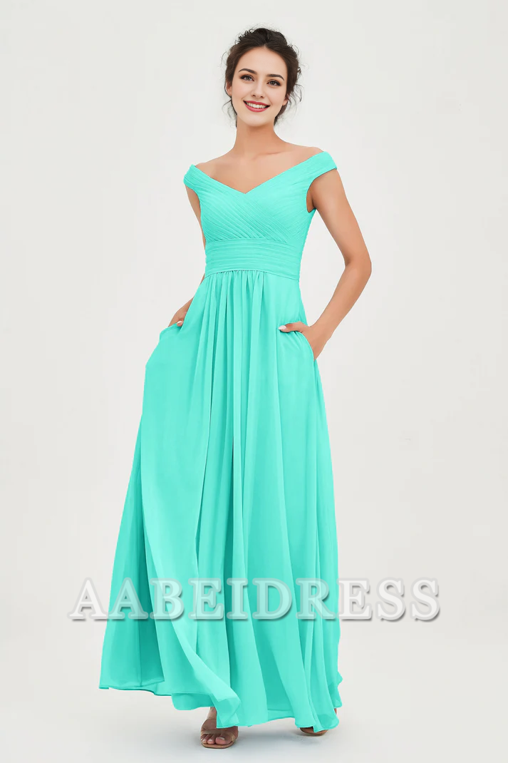 AABEI DRESS Bridesmaid Dresses Chiffon A-Line V-Neck Sleeveless Off-Shoulder Pleated Dresses Wedding Guests Dresses