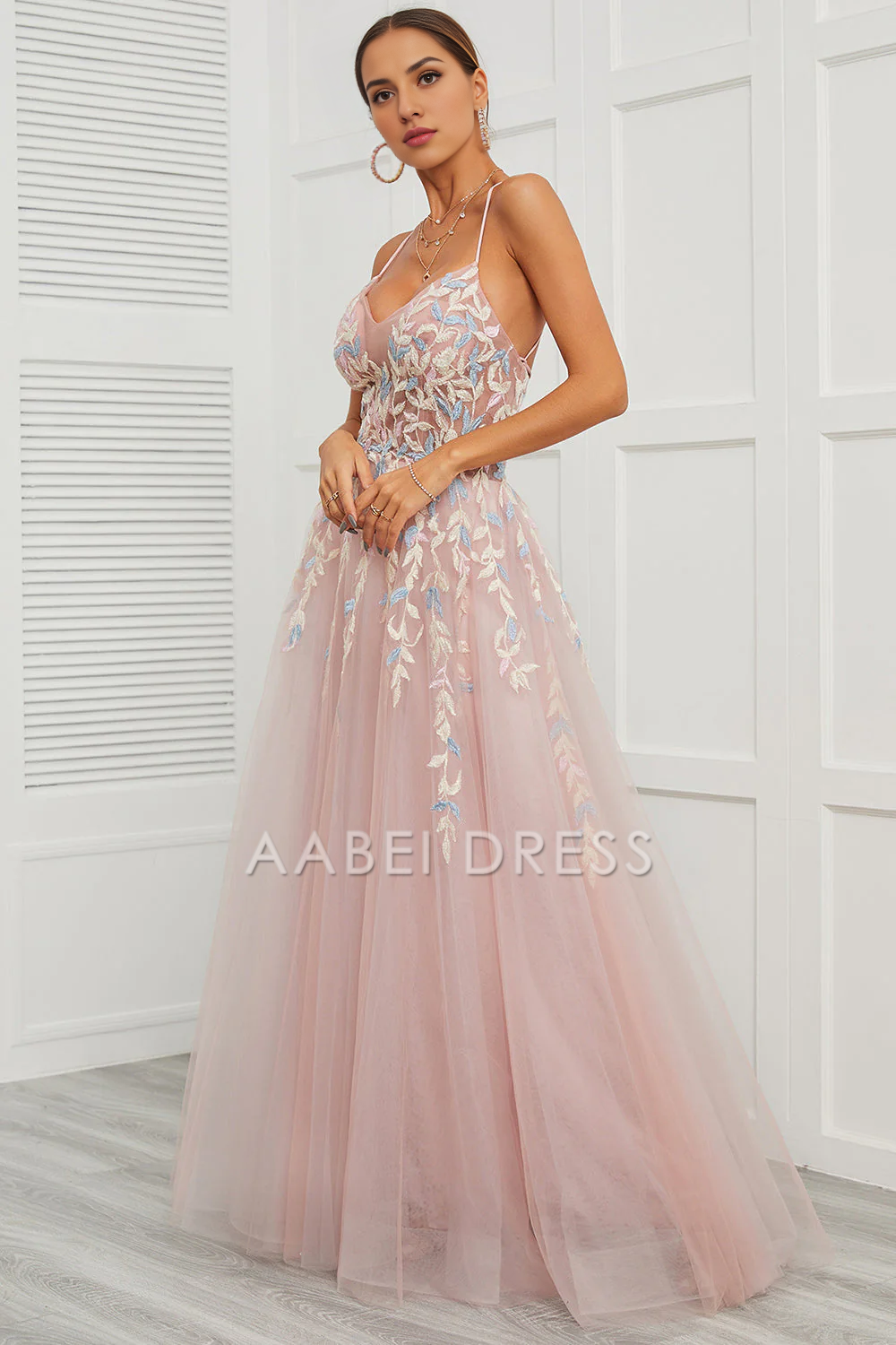 AABEI DRESS Hot Sale Prom Dress Exquisite A Line Spaghetti Straps Backless Tulle Fantastic Long Party Dress