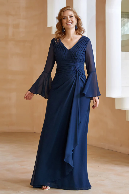 Wedding Guest Dresses V Neck Long Sleeves Chiffon Wrinkle Irregular Dress Mother of the Bride Dress