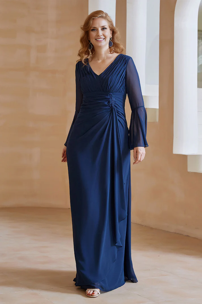 Wedding Guest Dresses V Neck Long Sleeves Chiffon Wrinkle Irregular Dress Mother of the Bride Dress