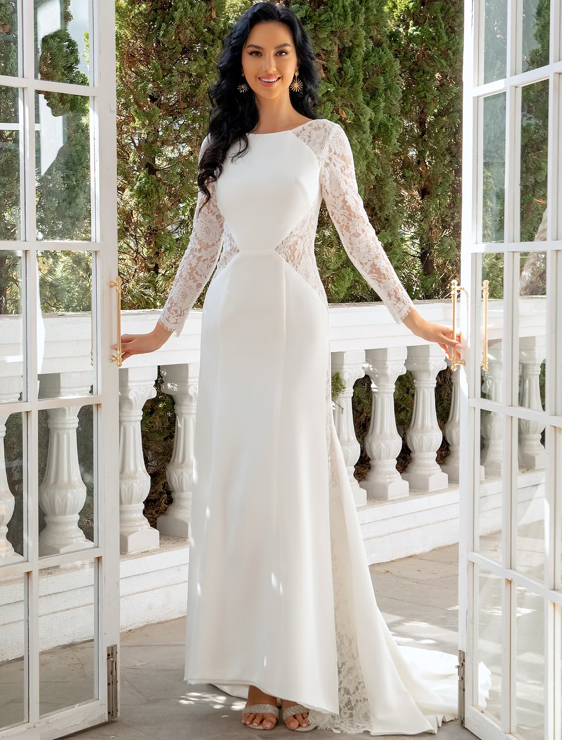 Hall Casual Wedding Dresses Sweep / Brush Train Mermaid / Trumpet Long Sleeve Scoop Neck Lace With Solid Color