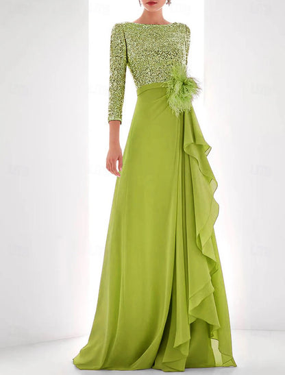 Gown Elegant Formal Asymmetrical Long Sleeve High Neck Chiffon with Feather Pearls Sequin Evening Dress