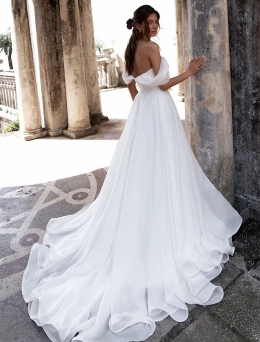 Beach Casual Wedding Dresses Chapel Train A-Line Sleeveless Off Shoulder Chiffon With Ruched Split Front