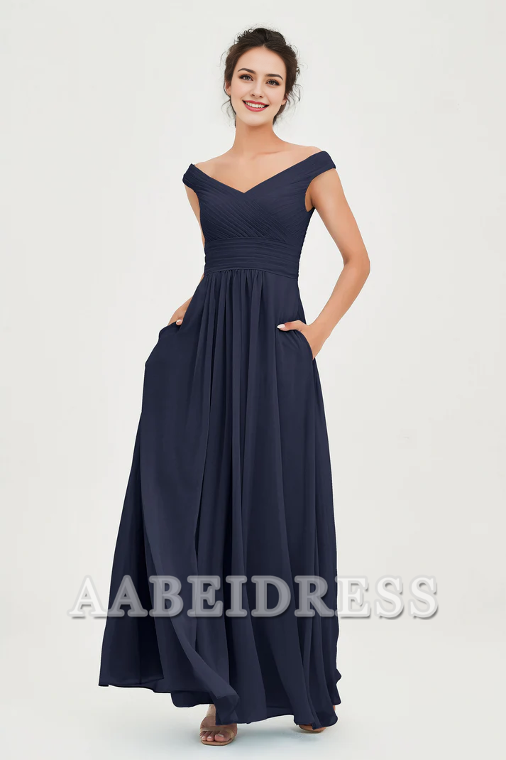 AABEI DRESS Bridesmaid Dresses Chiffon A-Line V-Neck Sleeveless Off-Shoulder Pleated Dresses Wedding Guests Dresses