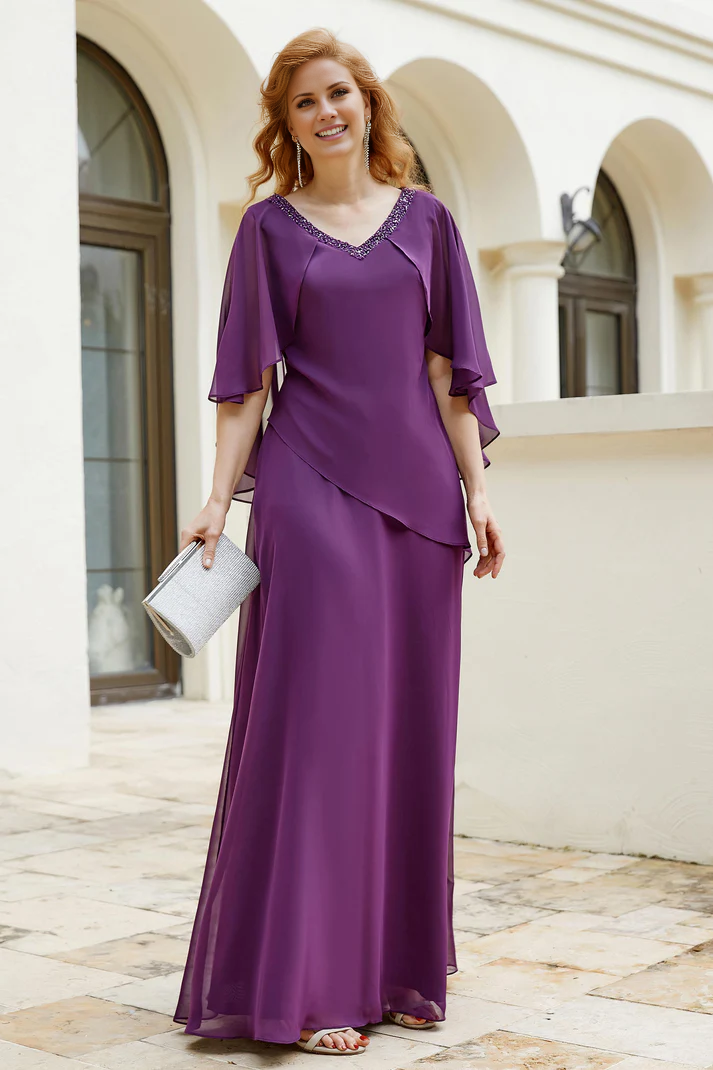 Wedding Guest Dresses Bead String V-neck Flutter Sleeves Long Chiffon Dress Mother of the Bride Dress