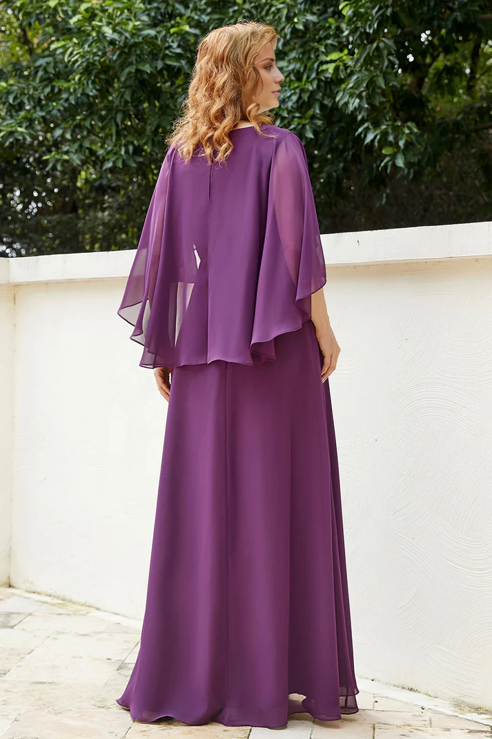 Wedding Guest Dresses Bead String V-neck Flutter Sleeves Long Chiffon Dress Mother of the Bride Dress