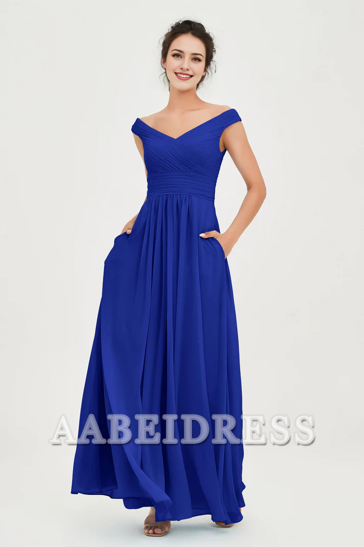 AABEI DRESS Bridesmaid Dresses Chiffon A-Line V-Neck Sleeveless Off-Shoulder Pleated Dresses Wedding Guests Dresses