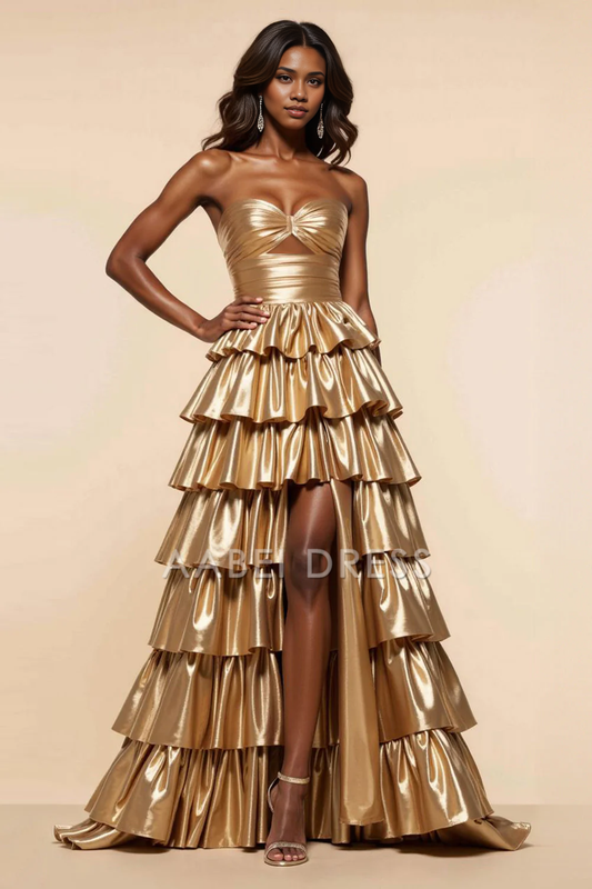 AABEI DRESS Hot Sale Prom Dress Strapless A Line Sweetheart Ruched Tiered Fashion Long With Slit Formal Dress