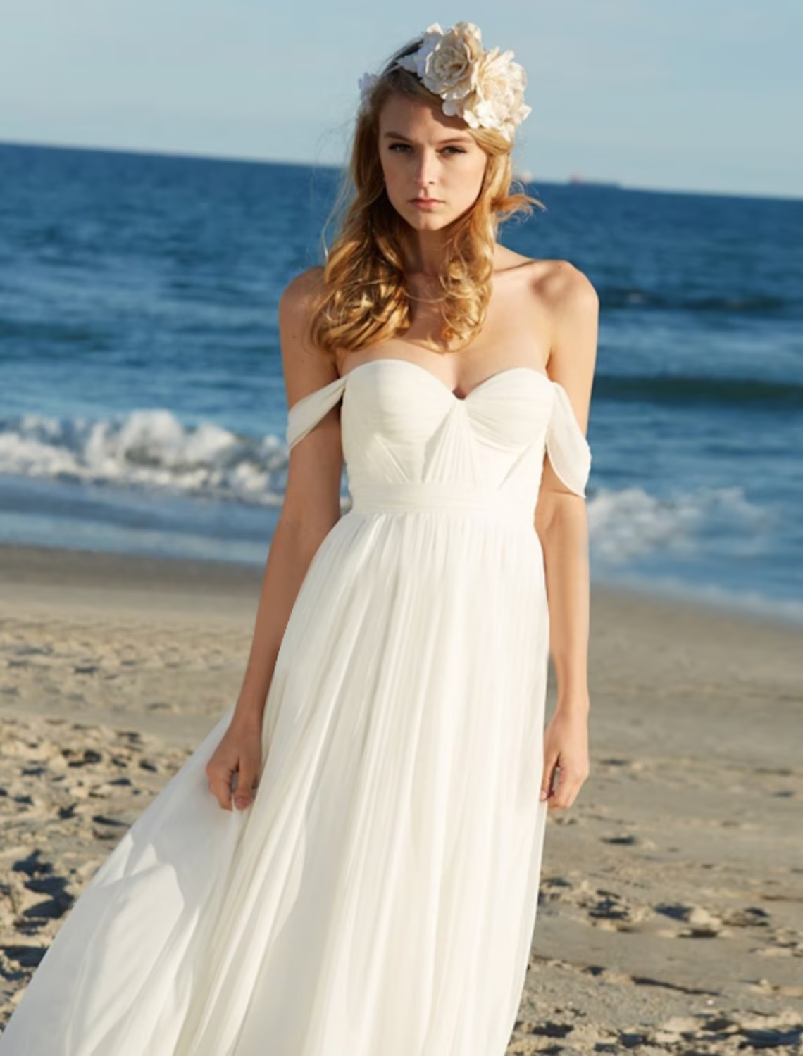 Beach Sexy Boho Wedding Dresses Floor Length A-Line Sleeveless Off Shoulder Chiffon With Pleats Solid Color