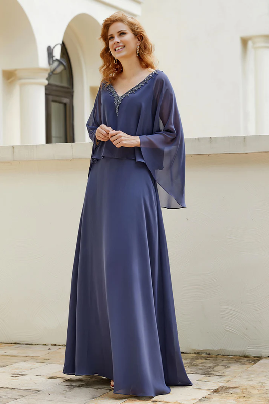 Wedding Guest Dresses Bead string V Neck Flutter Sleeves Chiffon Elegant Dress Mother of the Bride Dress