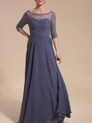 Mother Of The Bride Dresses A-Line Scoop Short Sleeves Floor-Length Beaded Dresses