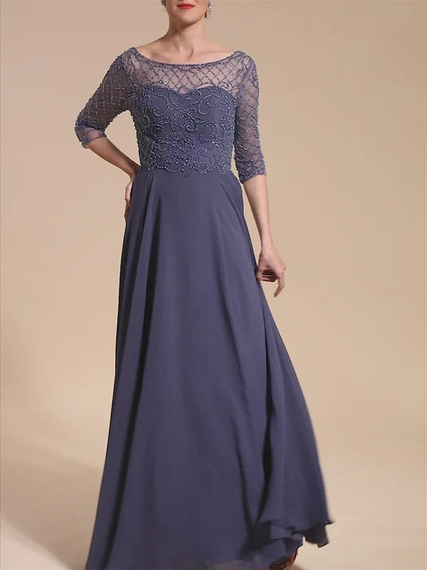 Mother Of The Bride Dresses A-Line Scoop Short Sleeves Floor-Length Beaded Dresses