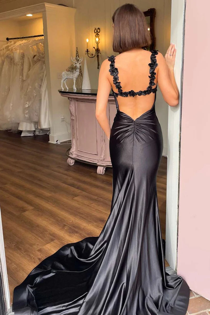 Prom Dress Black Straps Floral Mermaid Long