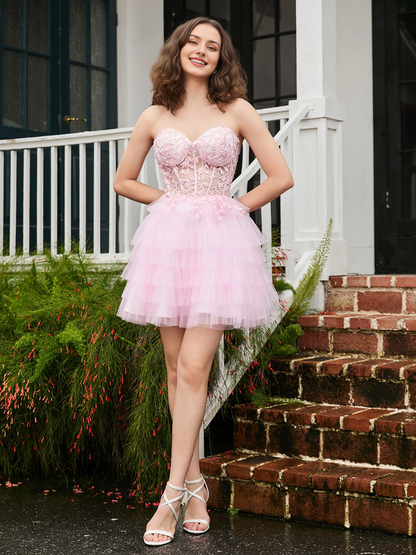 Homecoming Dresses Applique Corset Tiered Tulle Sheer Short Dress