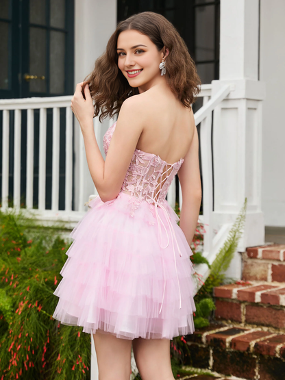 Homecoming Dresses Applique Corset Tiered Tulle Sheer Short Dress