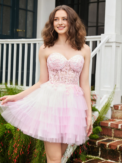 Homecoming Dresses Applique Corset Tiered Tulle Sheer Short Dress