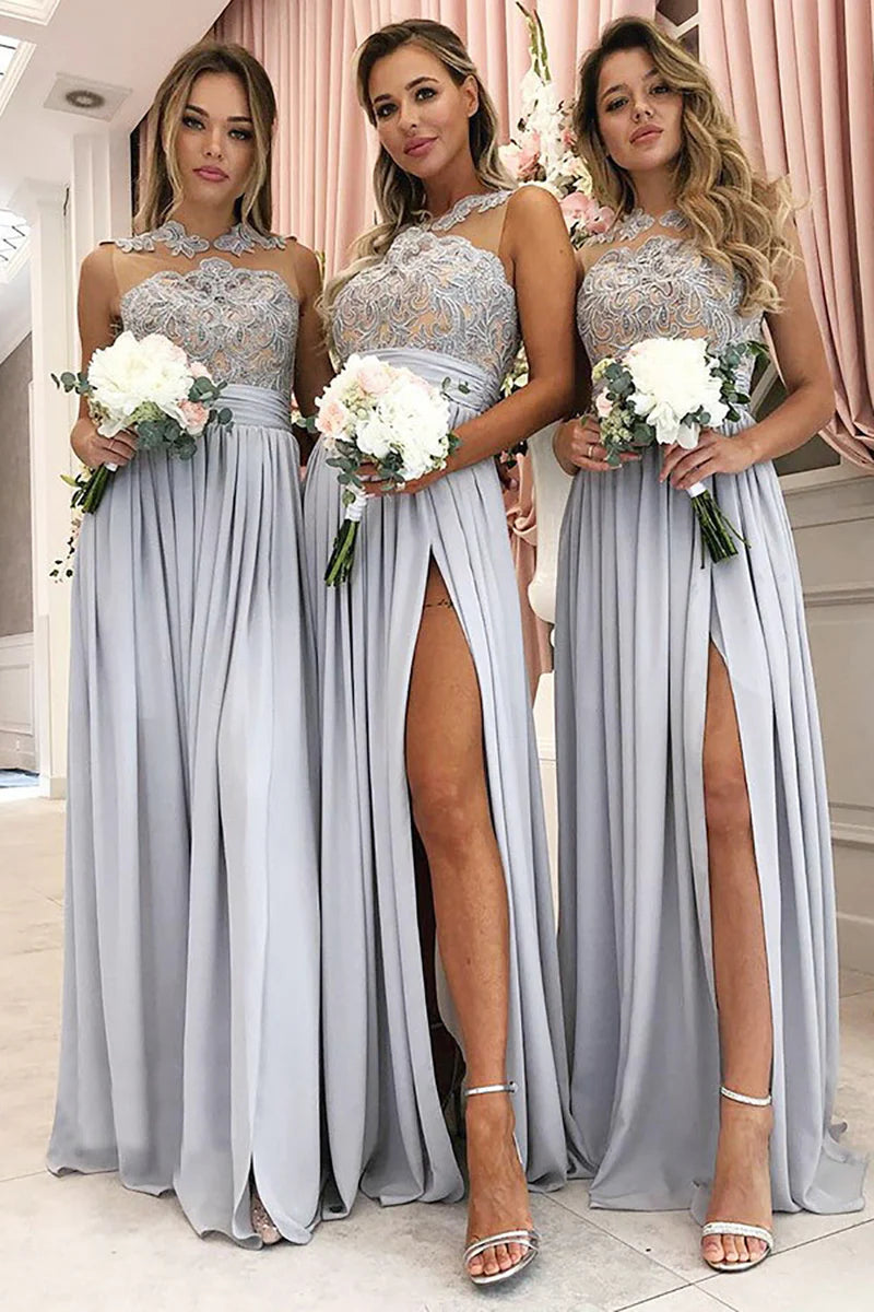 Bridesmaid Dress Grey A-Line Illusion Round Neck Long Chiffon with Lace