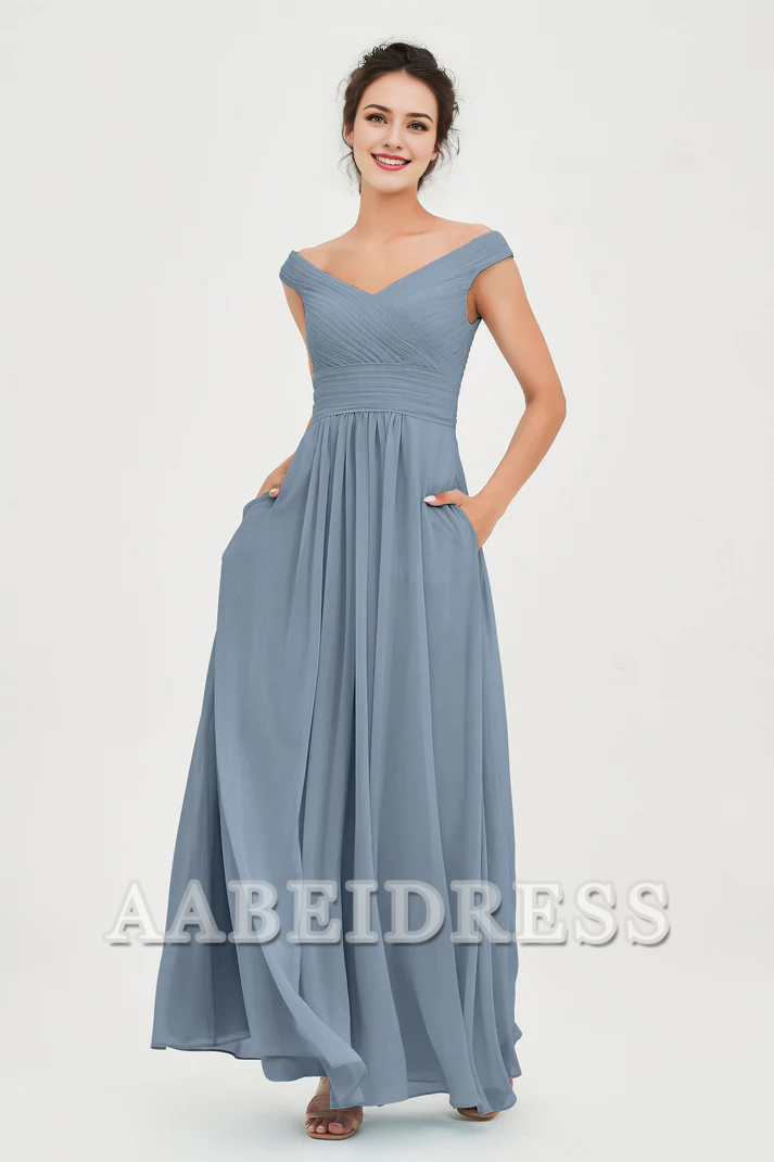AABEI DRESS Bridesmaid Dresses Chiffon A-Line V-Neck Sleeveless Off-Shoulder Pleated Dresses Wedding Guests Dresses