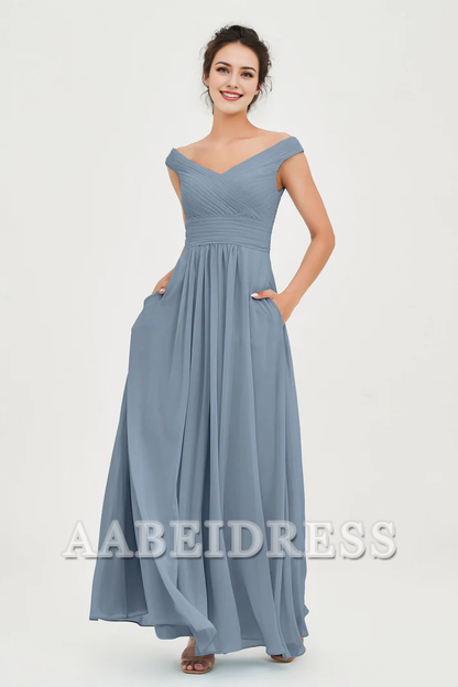 AABEI DRESS Bridesmaid Dresses Chiffon A-Line V-Neck Sleeveless Off-Shoulder Pleated Dresses Wedding Guests Dresses