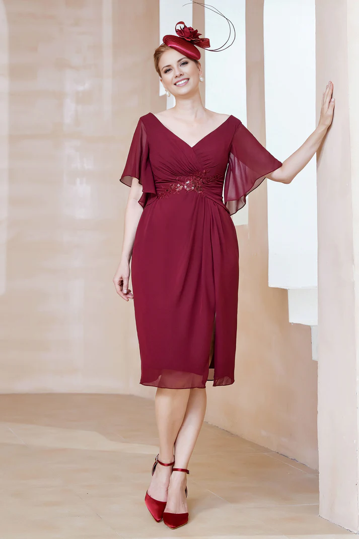 Wedding Guest Dresses Flutter Sleeves V-neck Pleated Chiffon Short Skirt Mother of the Bride Dress