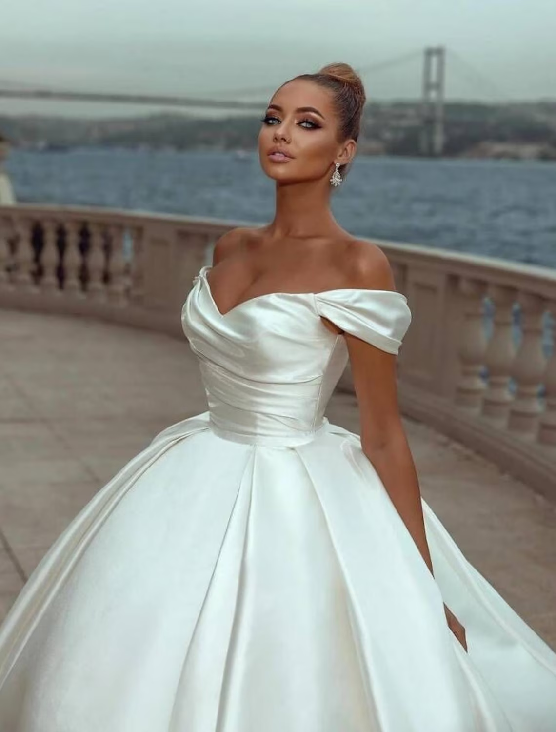 Engagement Formal Wedding Dresses Watteau Train Ball Gown Sleeveless Off Shoulder Satin With Ruched Solid Color