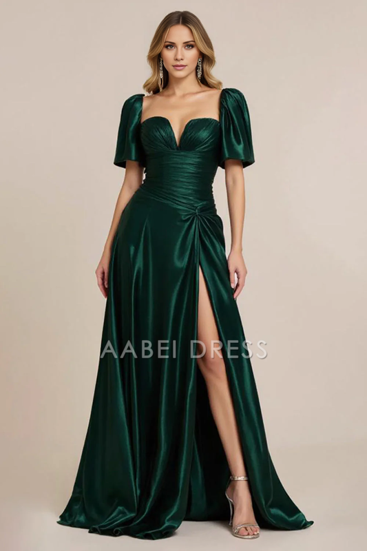 AABEI DRESS Hot Sale Prom Dress Satin Elegant A Line Sweetheart Pleated Short Sleeves Side Fork Long Formal Dress