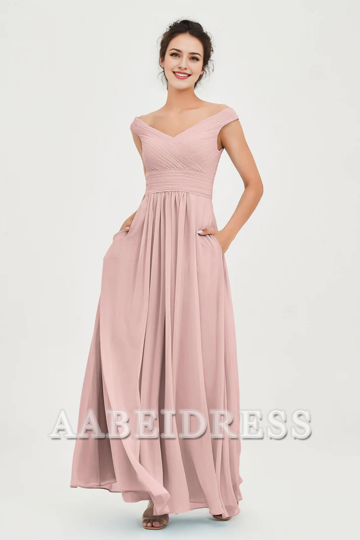 AABEI DRESS Bridesmaid Dresses Chiffon A-Line V-Neck Sleeveless Off-Shoulder Pleated Dresses Wedding Guests Dresses