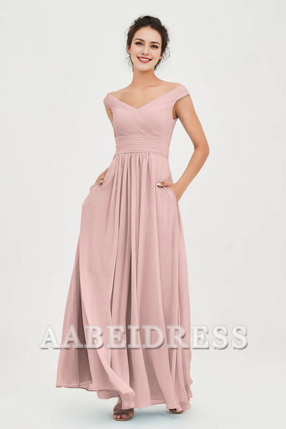 AABEI DRESS Bridesmaid Dresses Chiffon A-Line V-Neck Sleeveless Off-Shoulder Pleated Dresses Wedding Guests Dresses