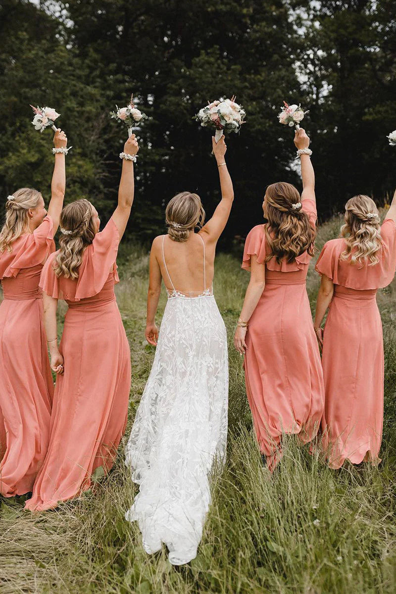 Bridesmaid Dresses Simple A-Line Coral Chiffon Long