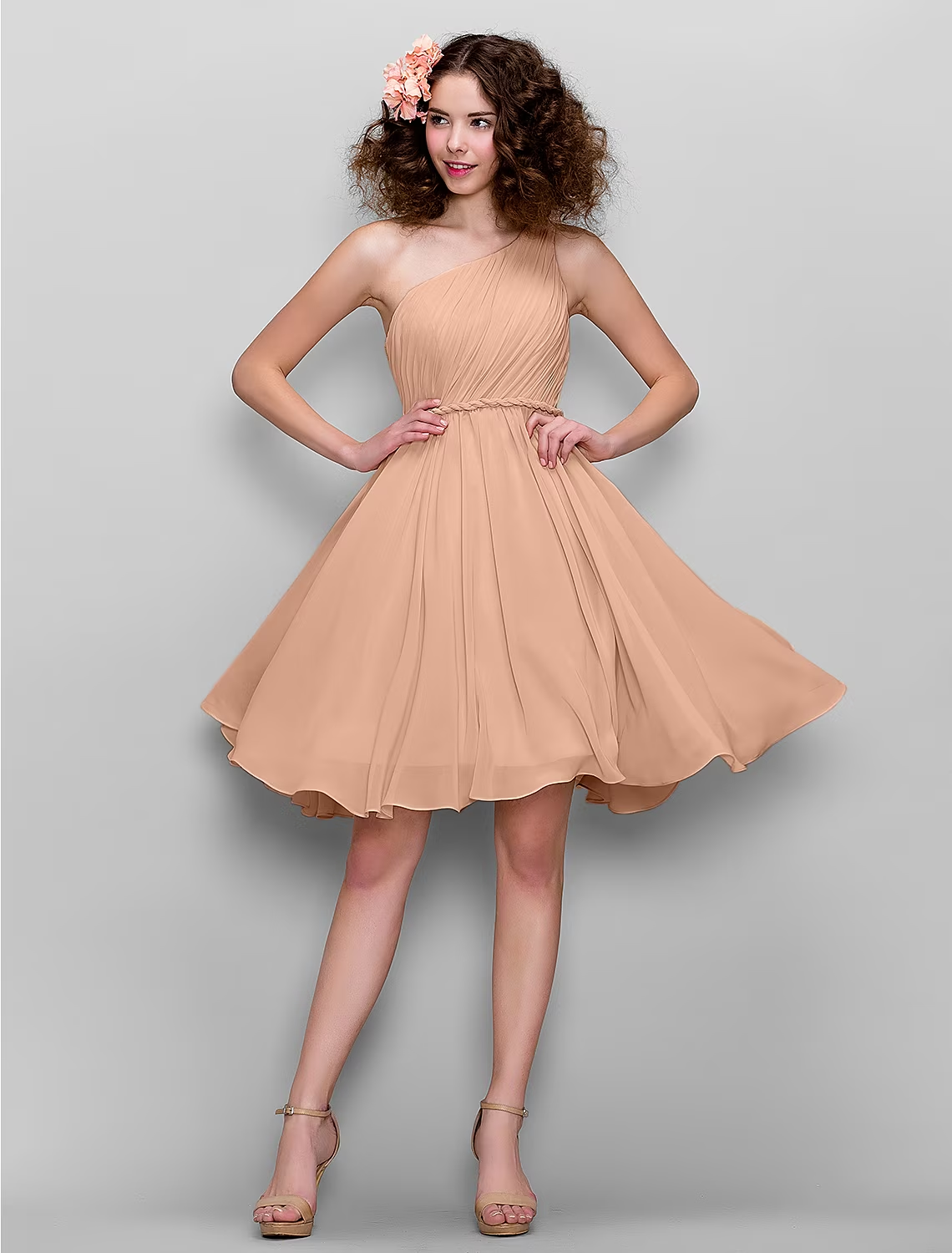 A-Line Bridesmaid Dress One Shoulder Sleeveless All Celebrity Styles Knee Length Chiffon with Side Draping