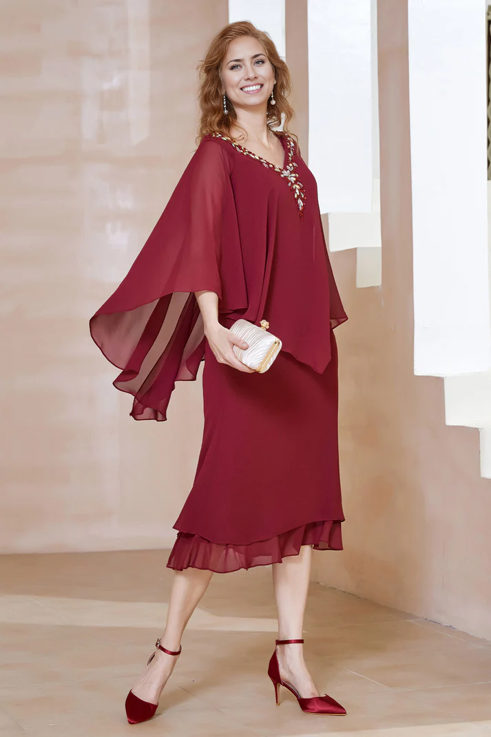 Wedding Guest Dresses Sheath Beaded V-neck Flutter Sleeves Dress Mother of the Bride Dress