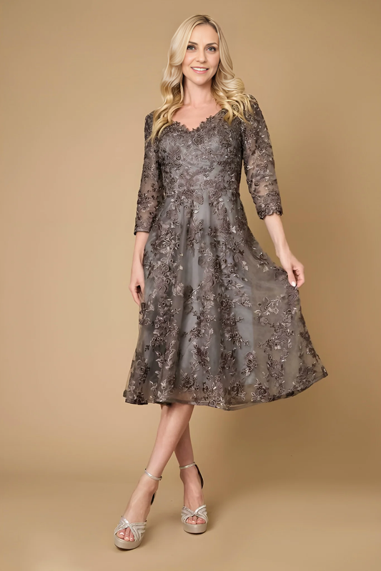 AABEI DRESS Formal Wear Dresse Fashion V Neck 3/4 Sleeve Lace Tea-Length Exquisite Mother Of The Bride Dress